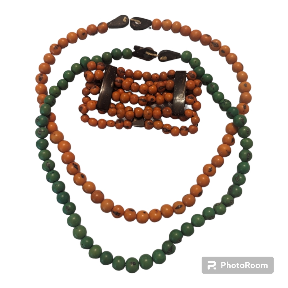 Vintage Orange Green Speckled Bone Beaded Necklaces & Stretch Bracelet